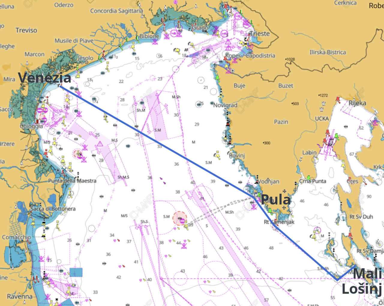 The regatta route starting from Venice, Italy, racing to Pula, Croatia, and finishing in Mali Lošinj.