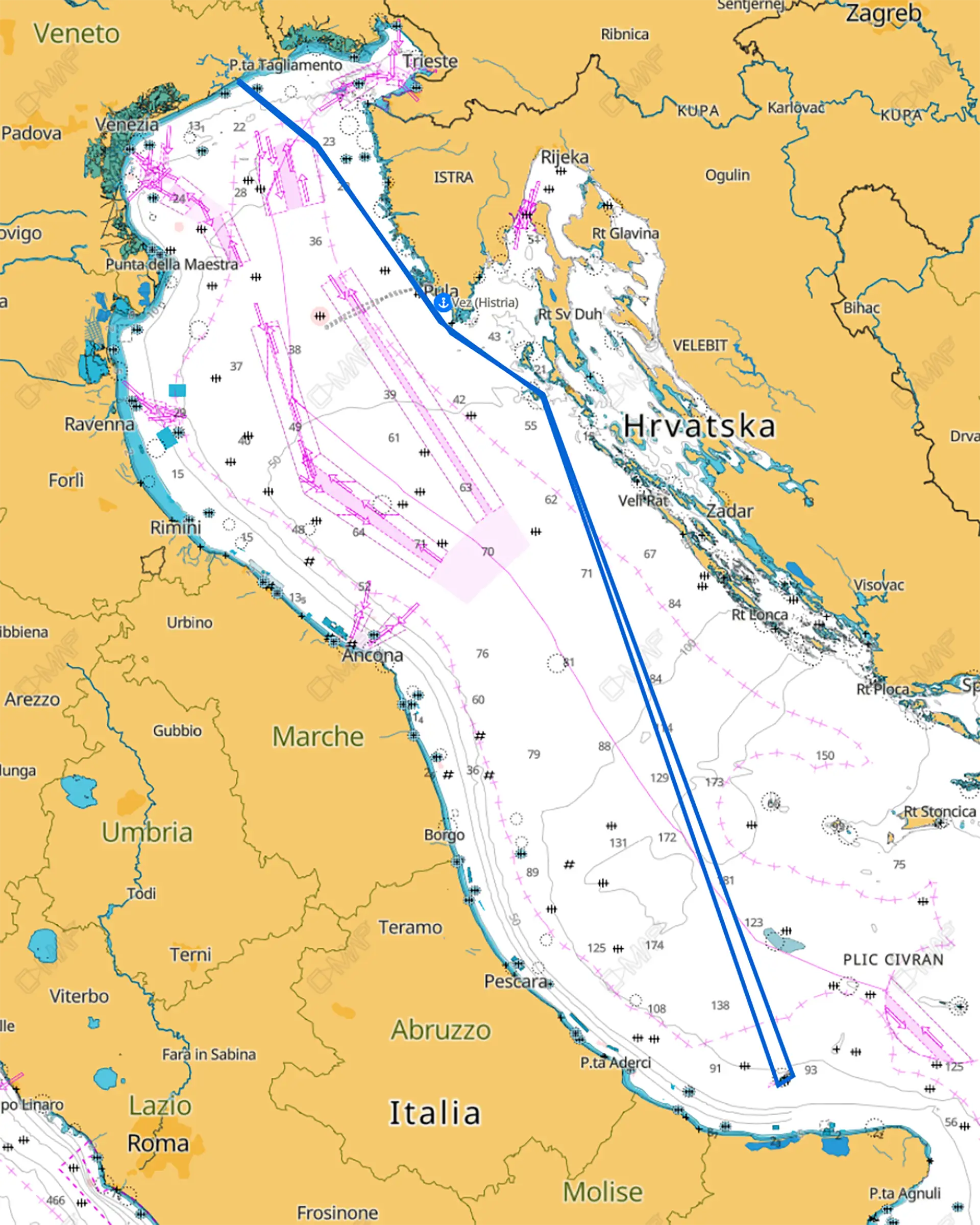 The regatta route starting from Caole, Italy, rounding the Tremiti islands and finishing back in Caorle.