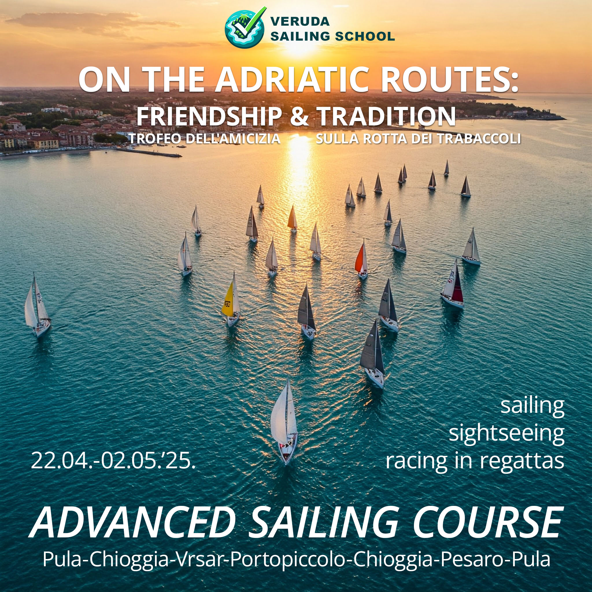 Aerial view of a regatta with multiple sailboats on turquoise water near historic town of Chioggia, Italy. The sun is setting, illuminating the scene with a golden glow over the town and sea.