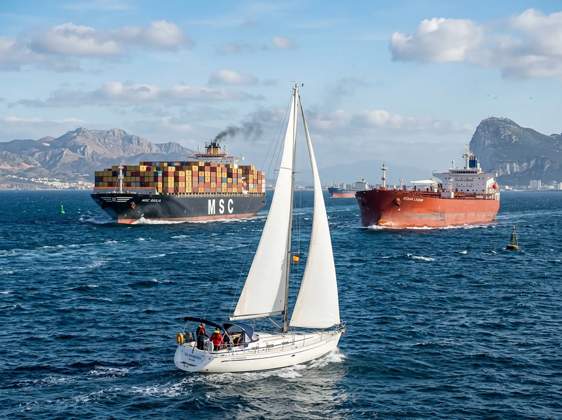 Commercial maritime traffic along the Spanish coast approaching the Strait of Gibraltar