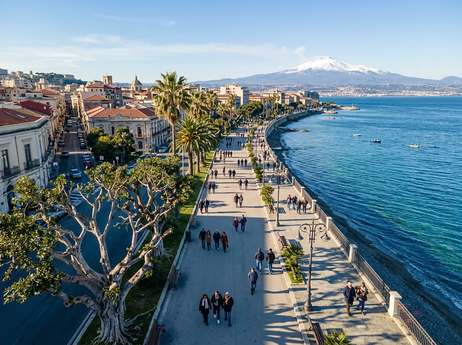 Lungomare Falcomata waterfront in Reggio di Calabria overlooking the Strait of Messina with Mount Etna across the water