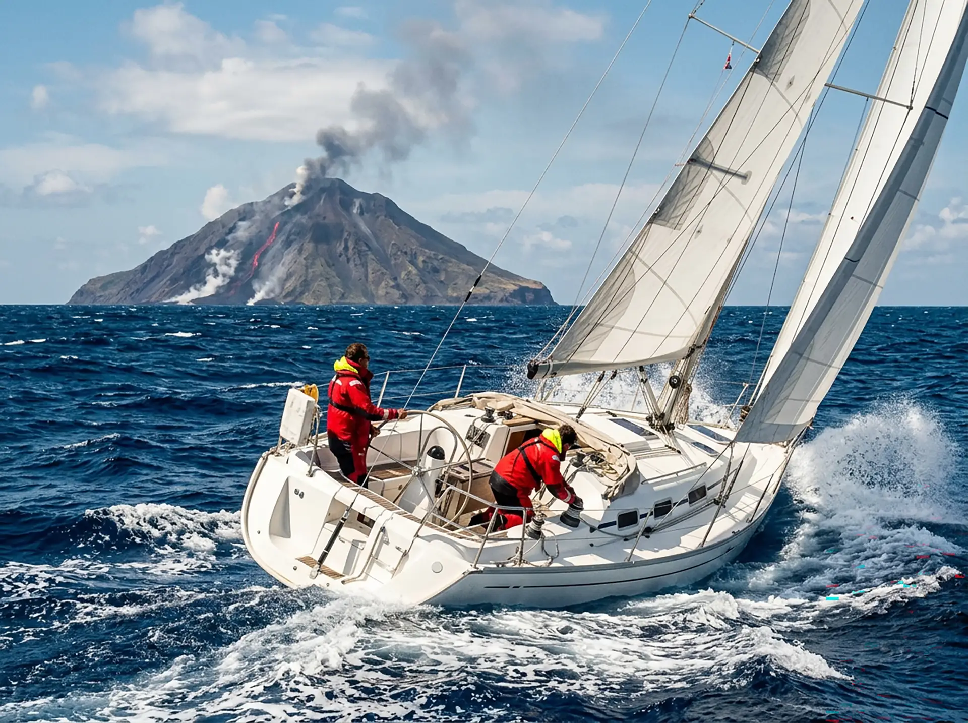 Offshore crew sailing in heavy seas past the active volcanic cone of Stromboli