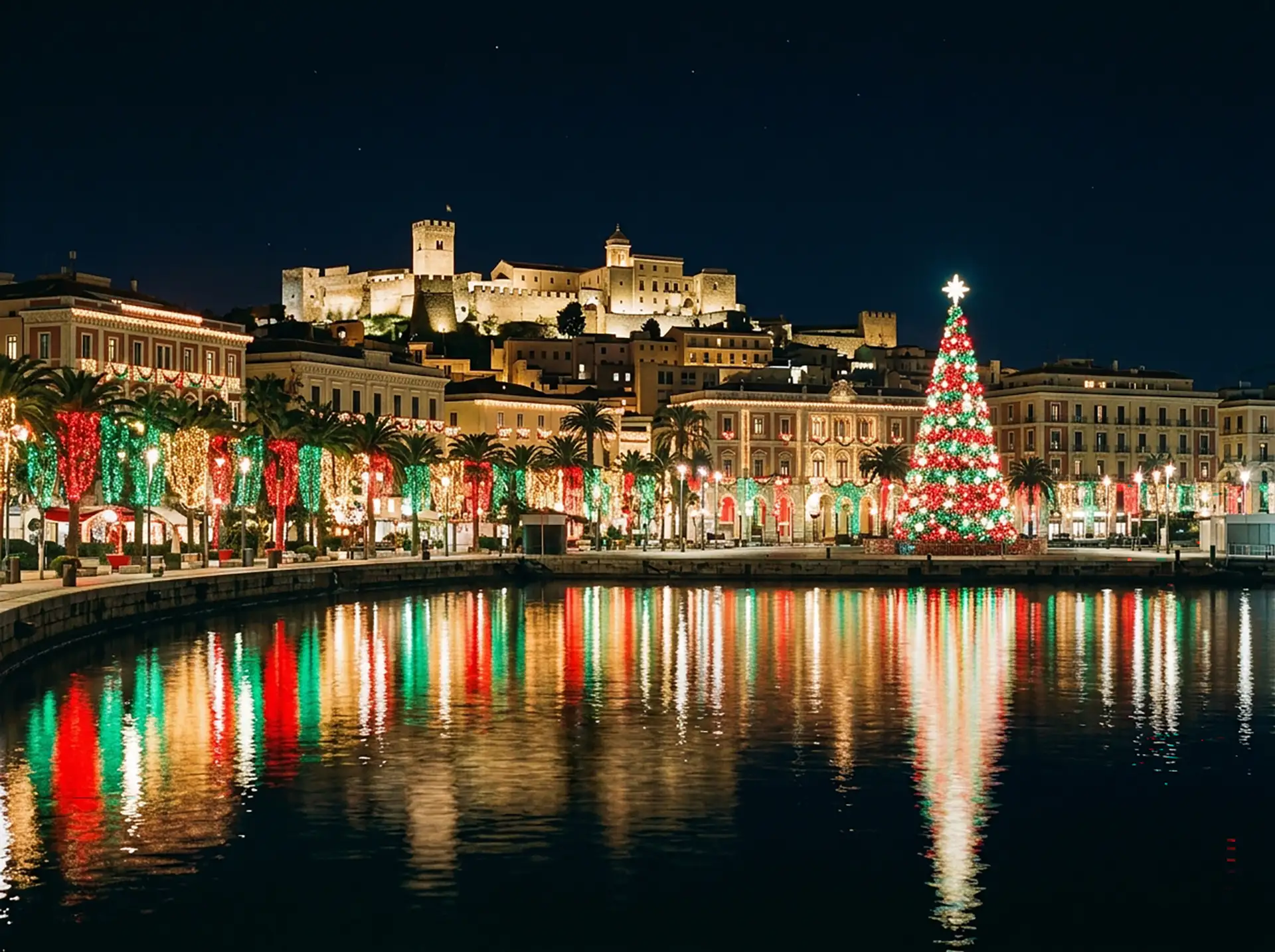 Festive Christmas lights and Christmas tree on the Cagliari harbor waterfront in Sardinia