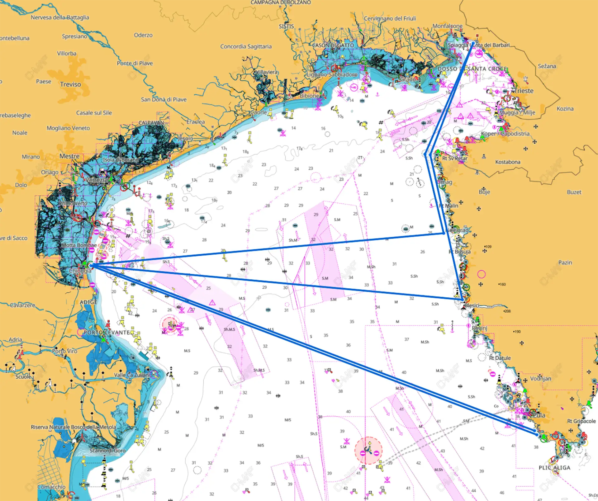 The route starting from Pula, Croatia, following the Trofeo Dell'Amicizia regatta route and finishing back in Pula.