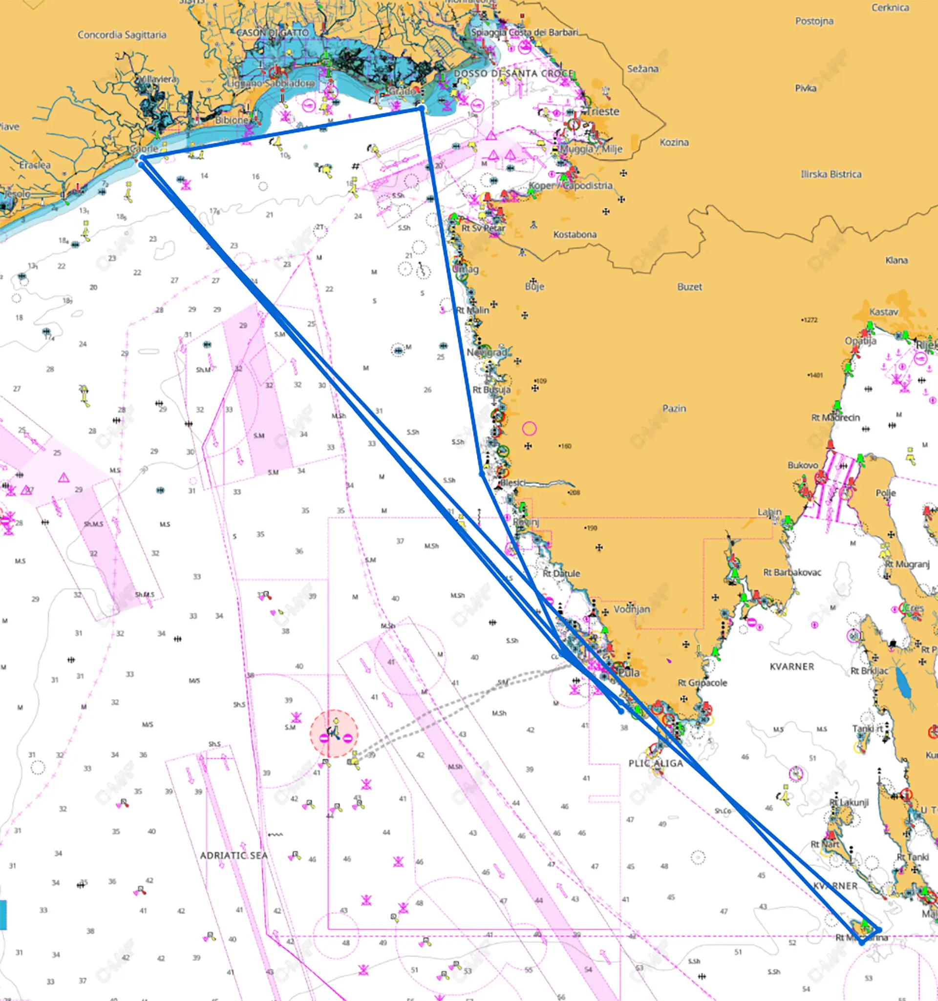 The route starting from Pula, Croatia, following the Trofeo Dell'Amicizia regatta route and finishing back in Pula.
