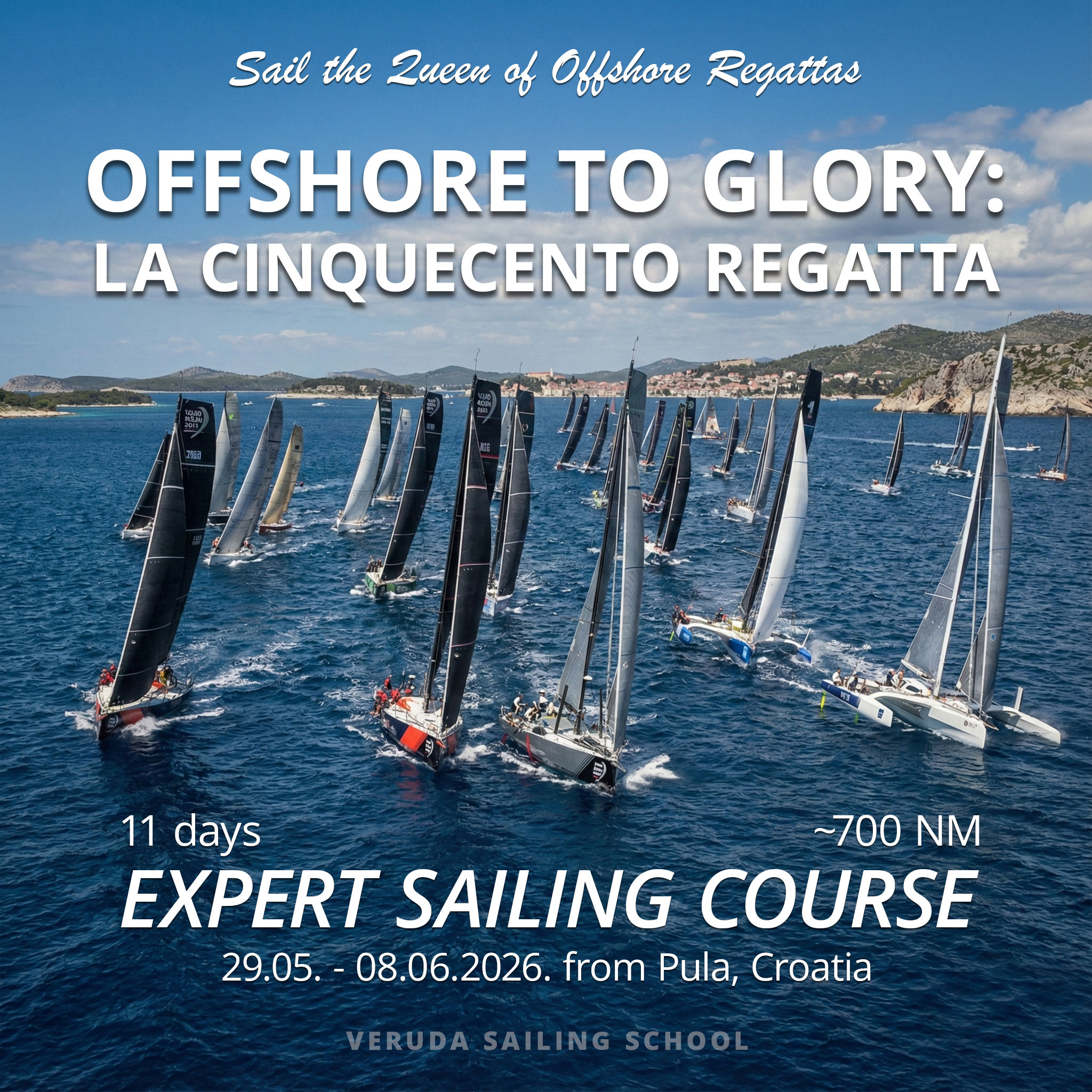 La Cinquecento Regatta Expert Sailing Course advertisement. Multiple sailboats with colorful spinnakers race on a blue sea embarking on 'the queen of offshore regattas'.