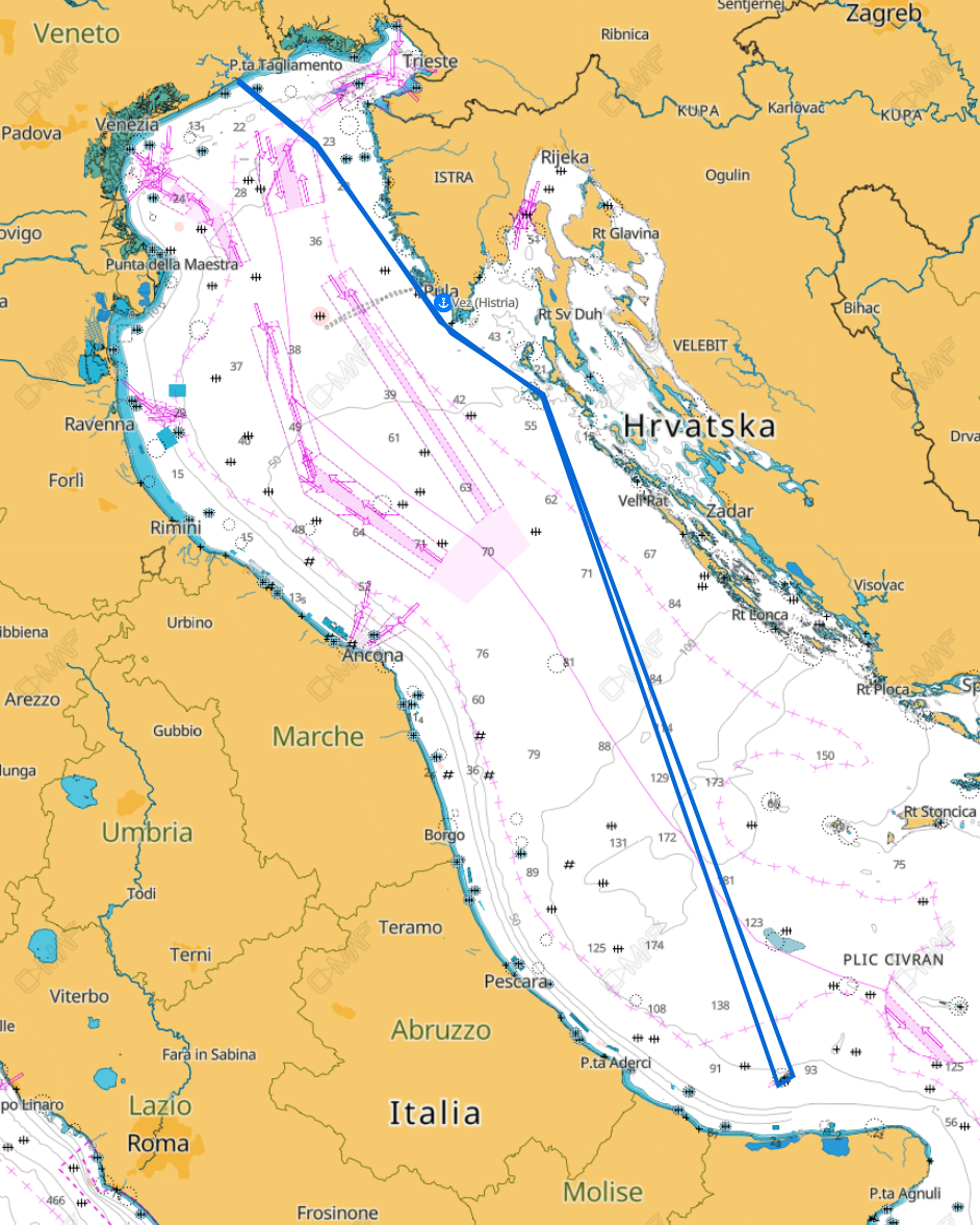 The regatta route starting from Caole, Italy, rounding the Tremiti islands and finishing back in Caorle.