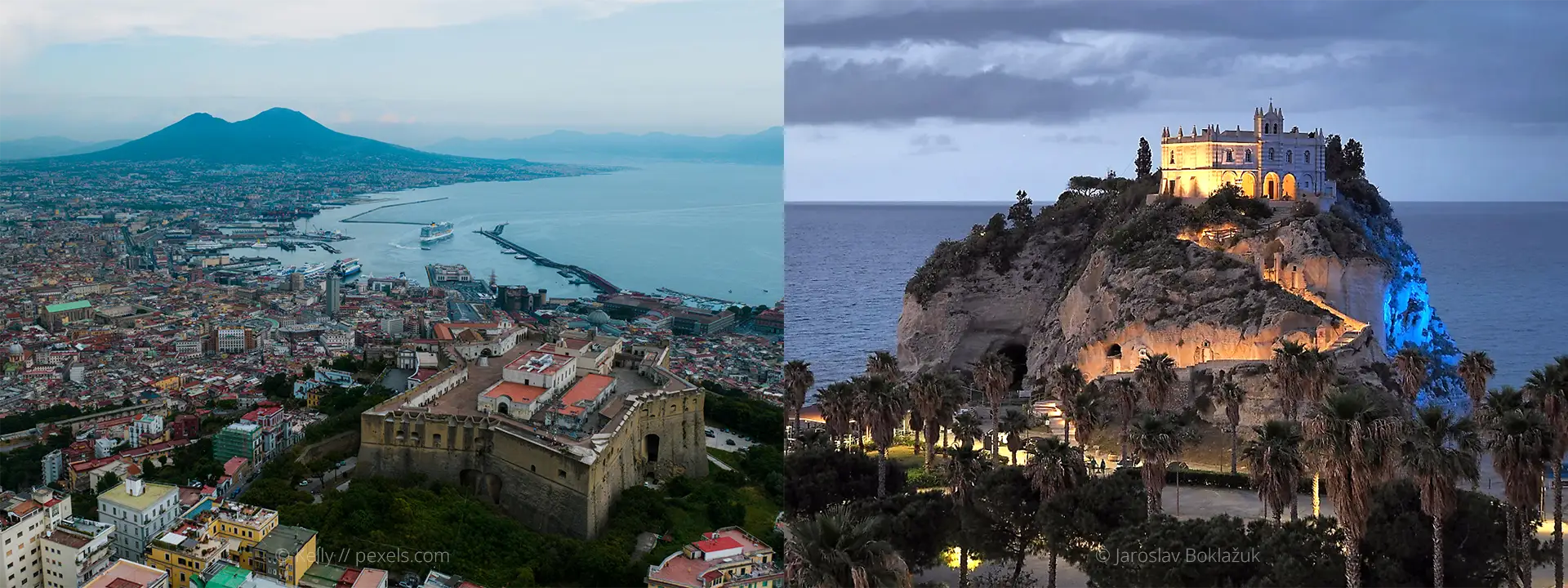 Split view showing an aerial cityscape of Napoli on the left and the illuminated sanctuary on a cliff in Tropea on the right