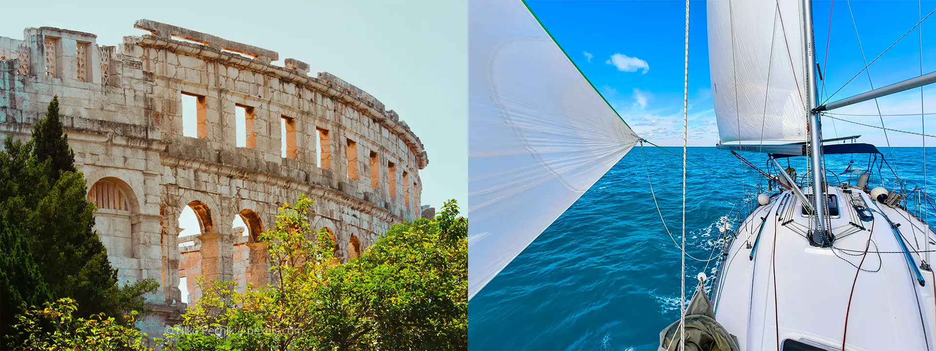 Split view showing the exterior of Pula Arena on the left and a view from a sailboat deck on the right