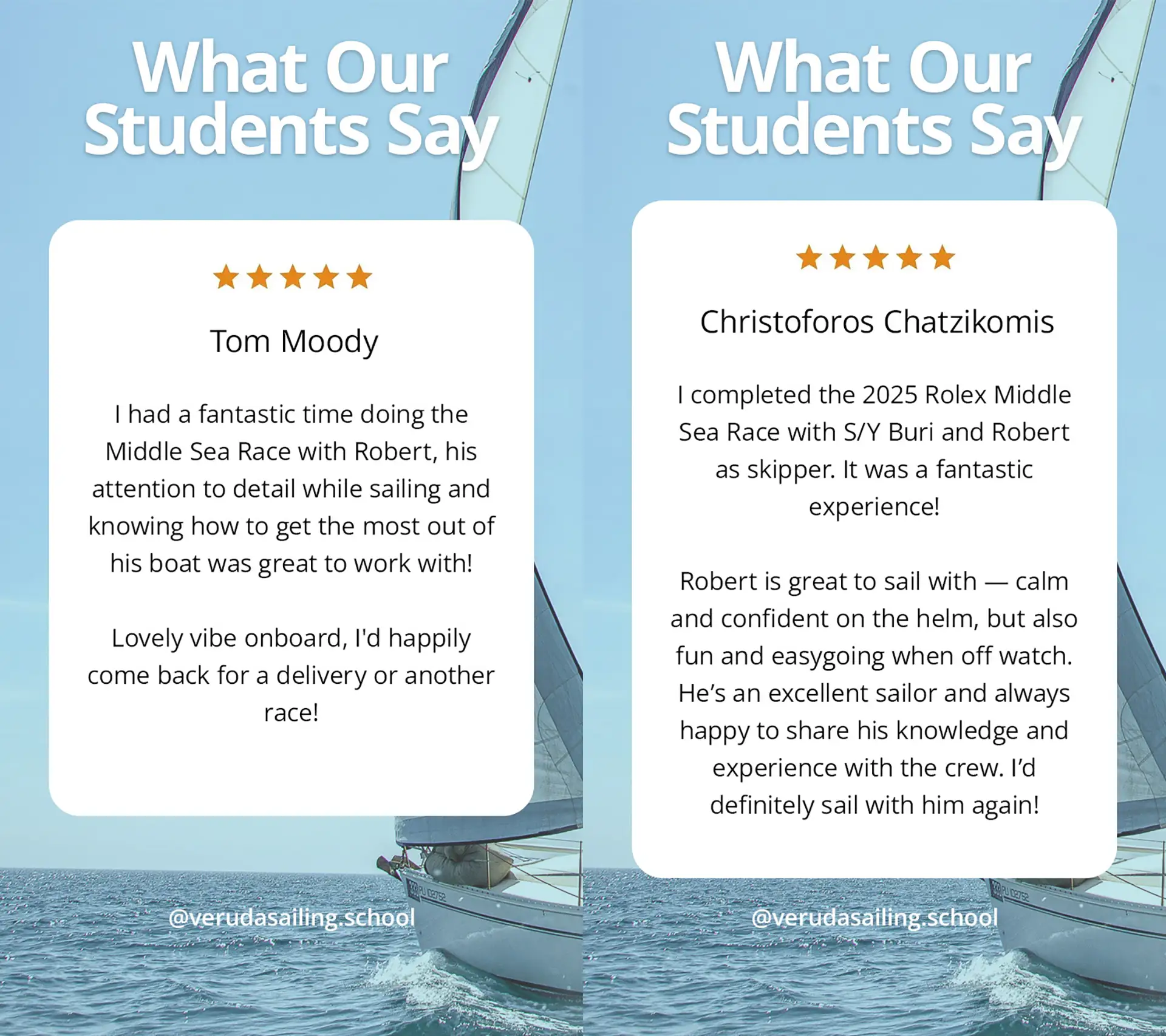 Two 5-star Google Maps reviews of Veruda Sailing School sailing course from its students.