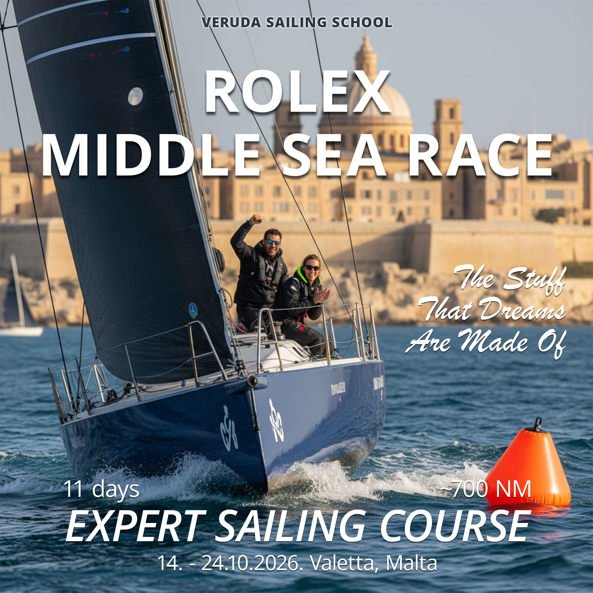 Rolex Middle Sea Race Regatta Expert Sailing Course advertisement. A sailboat races across a finish line with Grand Harbor of Valetta, Malta in the backgorund.