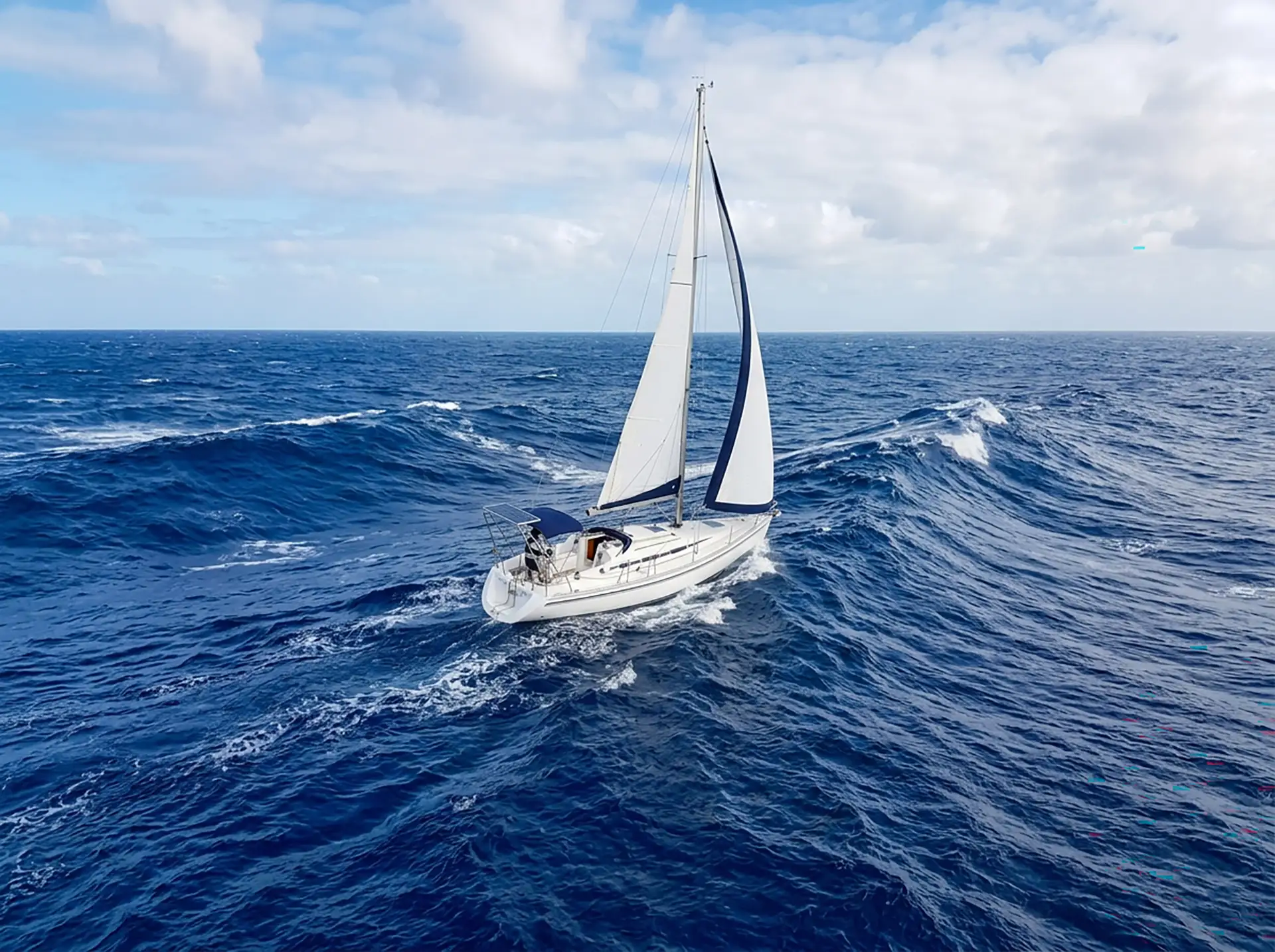 Sailboat cruising downwind across deep blue rolling Atlantic ocean swells under trade winds