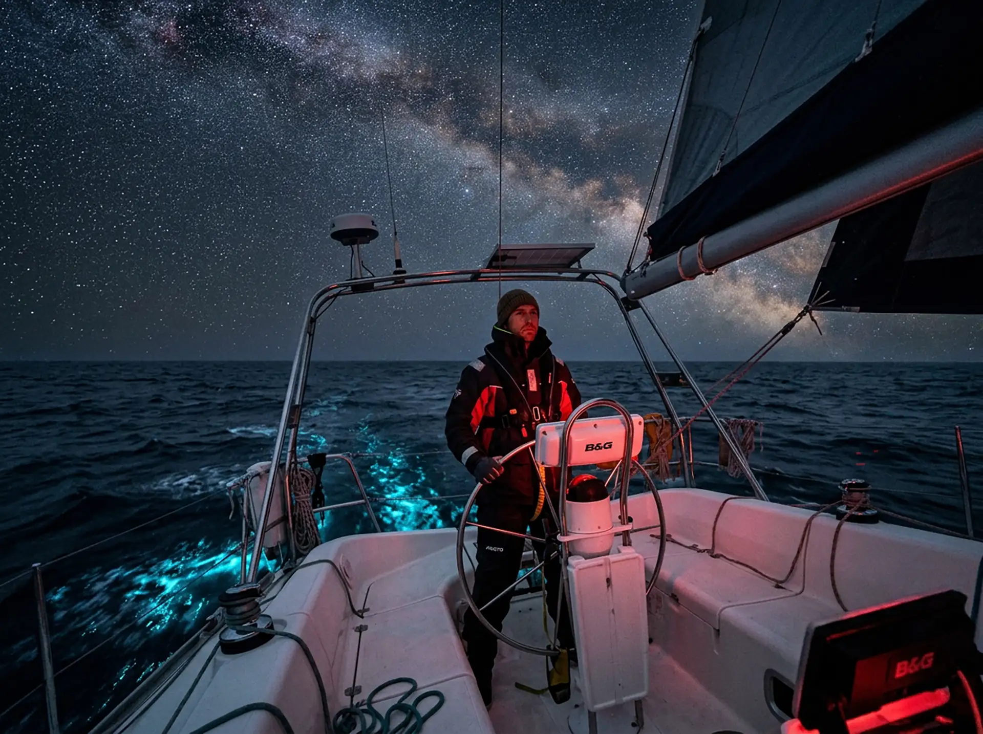 Sailor standing night watch at the helm under the starry Milky Way with bioluminescent ocean wake