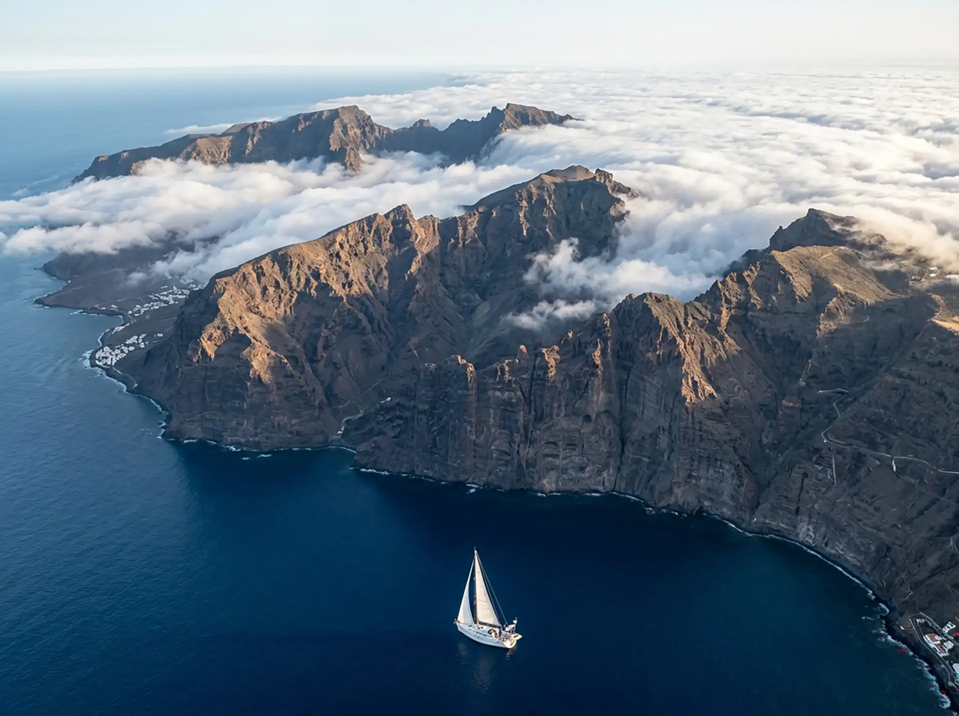 Sailboat reaching landfall beneath dramatic towering volcanic cliffs and cloud-capped mountains of the Canary Islands
