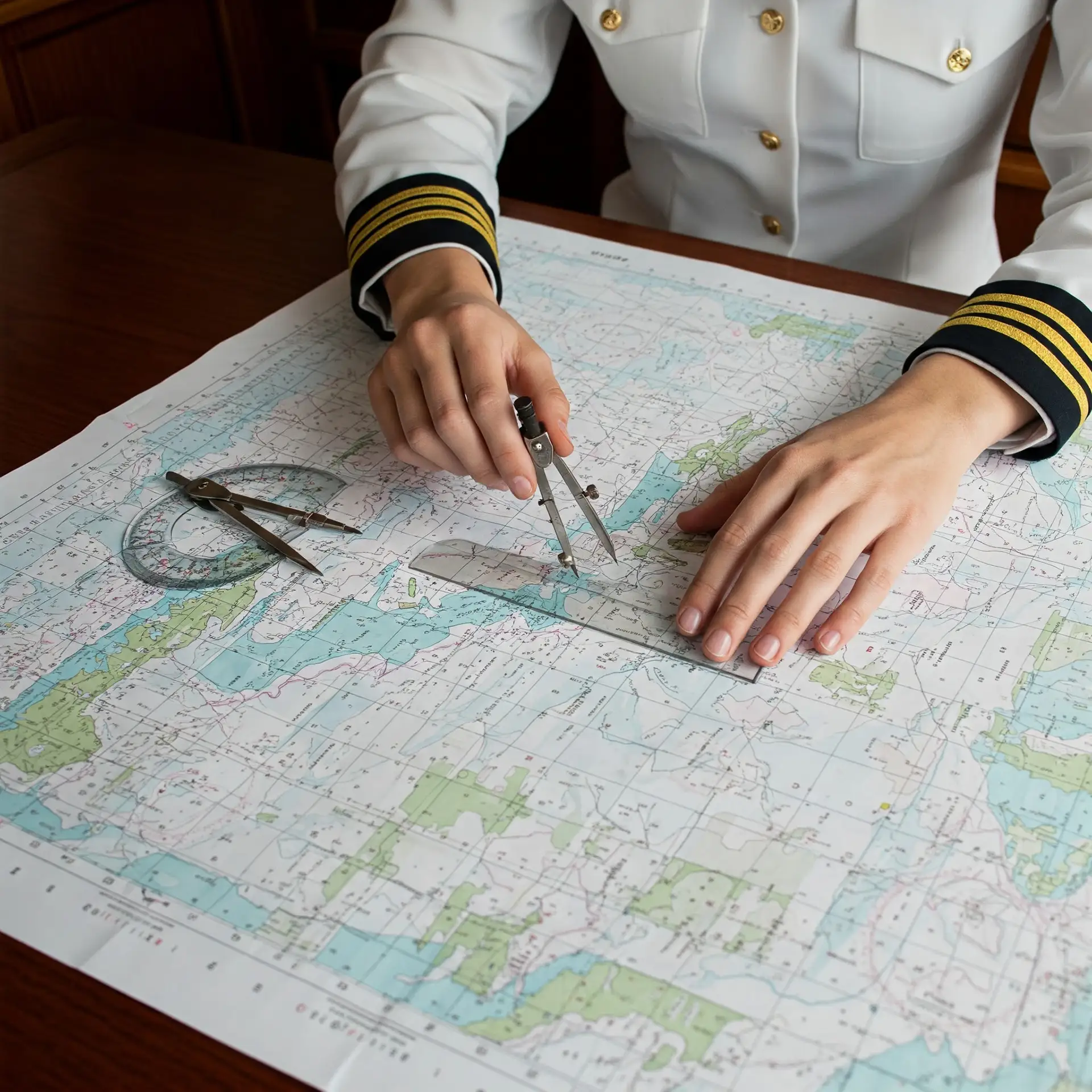 A marine officer in a white uniform with gold stripes on the sleeves uses a compass and ruler to plot a course on a nautical chart.